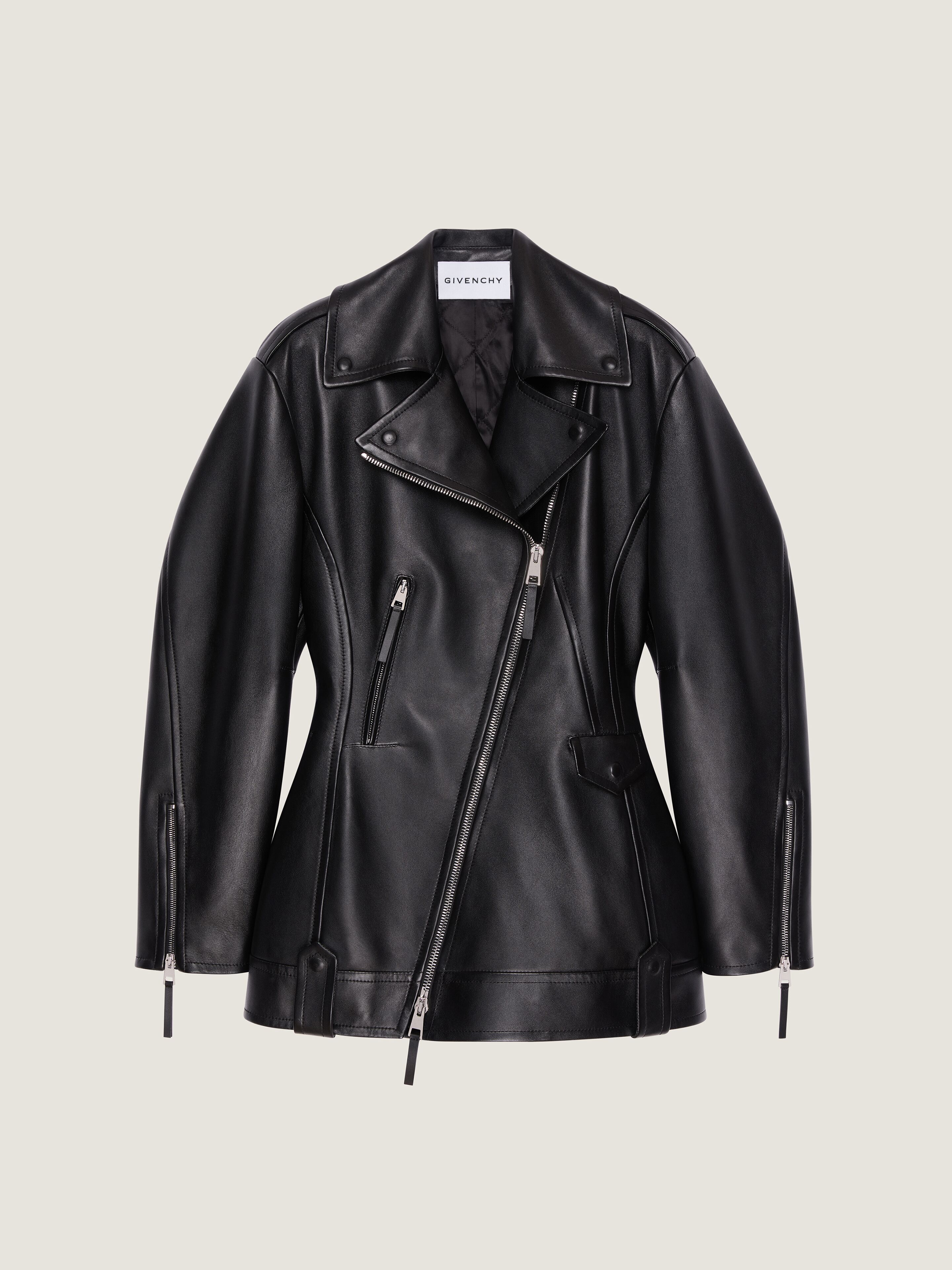 Cinched biker jacket in leather
